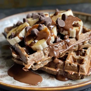 Side perspective of healthy chocolate protein waffles, featuring oats and banana with a glossy chocolate topping.