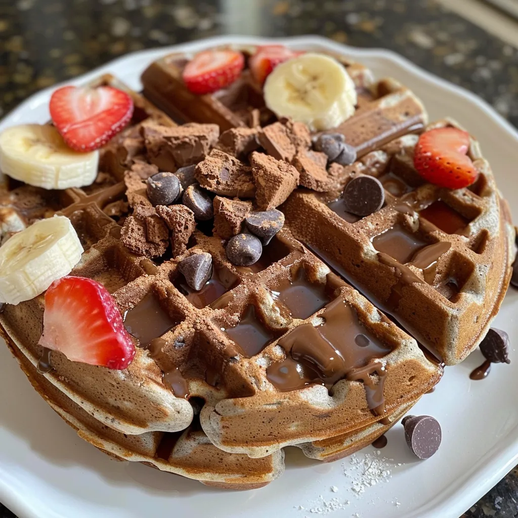 Deliciously stacked chocolate banana waffles, highlighting their moist appearance and chocolatey speckles.