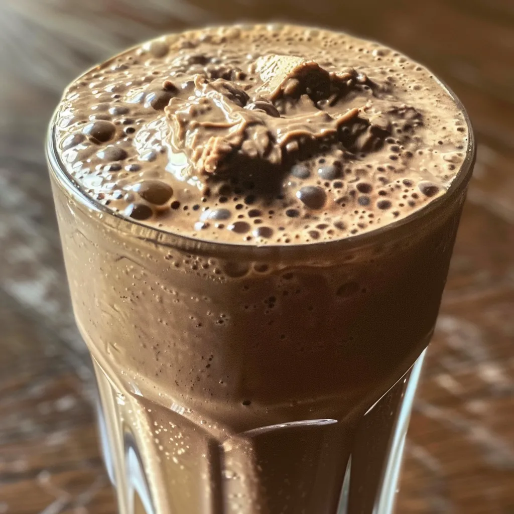 Close-up view of a creamy chocolate protein shake in a glass.