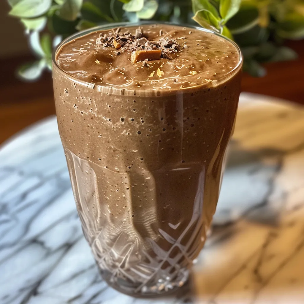 Close-up of a chocolate protein smoothie with a creamy texture and a banana slice on top.