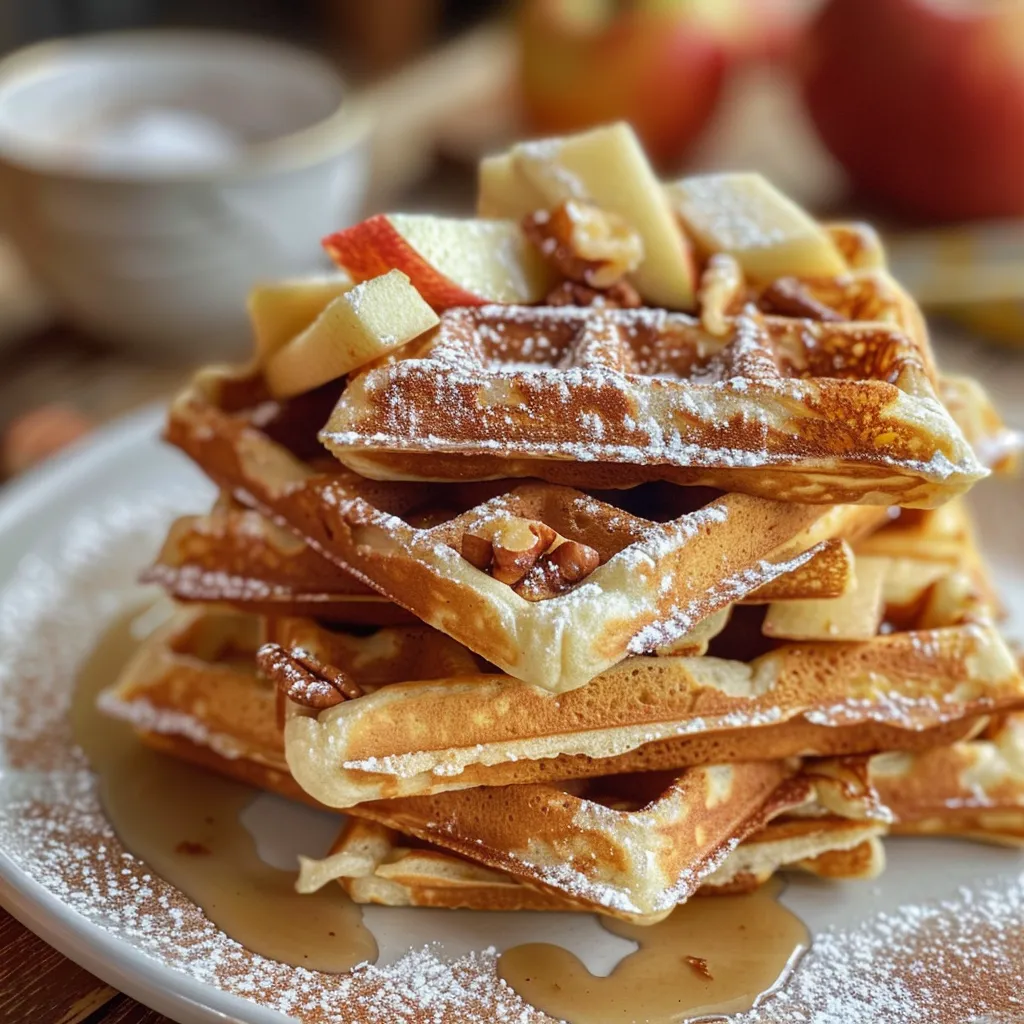 Juicy cinnamon apple waffles on a plate, featuring chopped pecans and syrup.