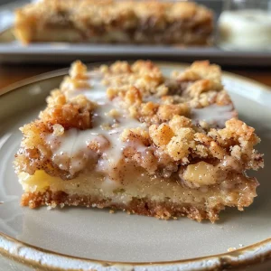 A close-up photograph of Cinnamon Roll Crumb Bars with a golden crumb topping and a hint of glaze.