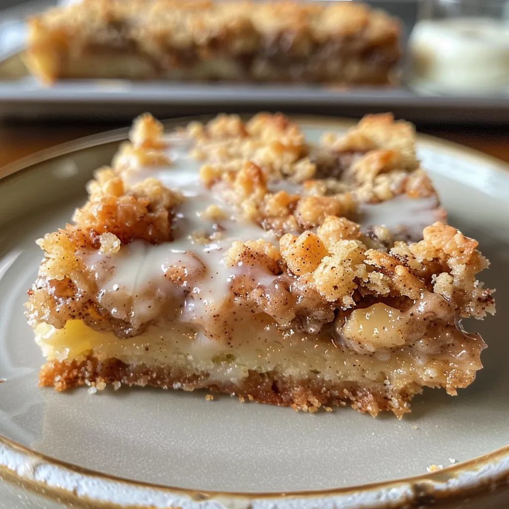 A close-up photograph of Cinnamon Roll Crumb Bars with a golden crumb topping and a hint of glaze.