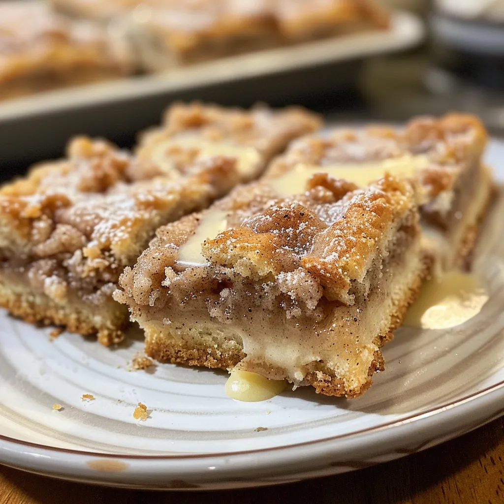 Textured side view of Cinnamon Roll Crumb Bars, emphasizing their cinnamon swirl layers and crumbly crust.