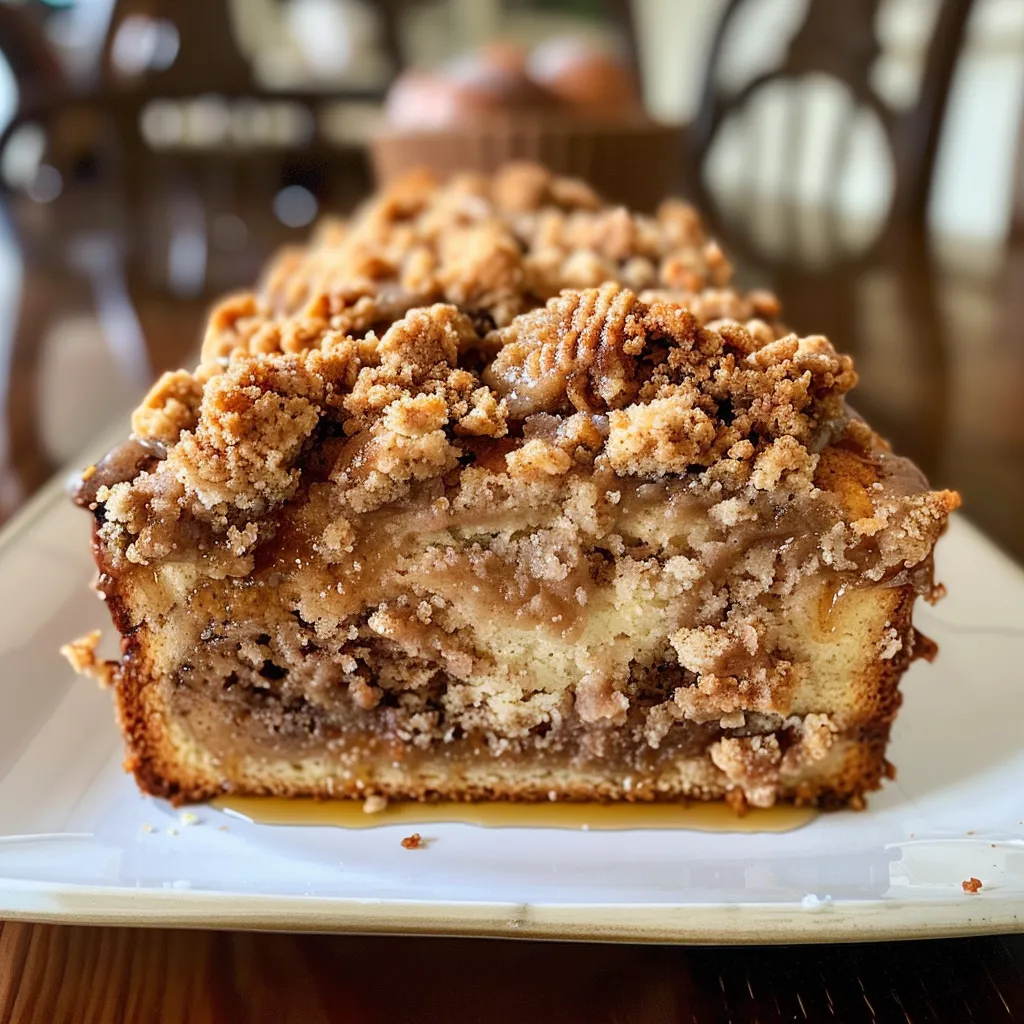 Tempting slice of cinnamon streusel loaf cake drizzled with vanilla icing, emphasizing its rich texture.
