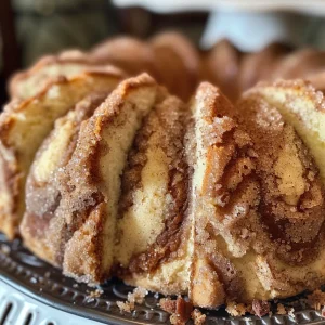 Detailed view of a fresh Cinnamon Swirl Pound Cake sliced to reveal its fluffy interior and swirls of cinnamon sugar.
