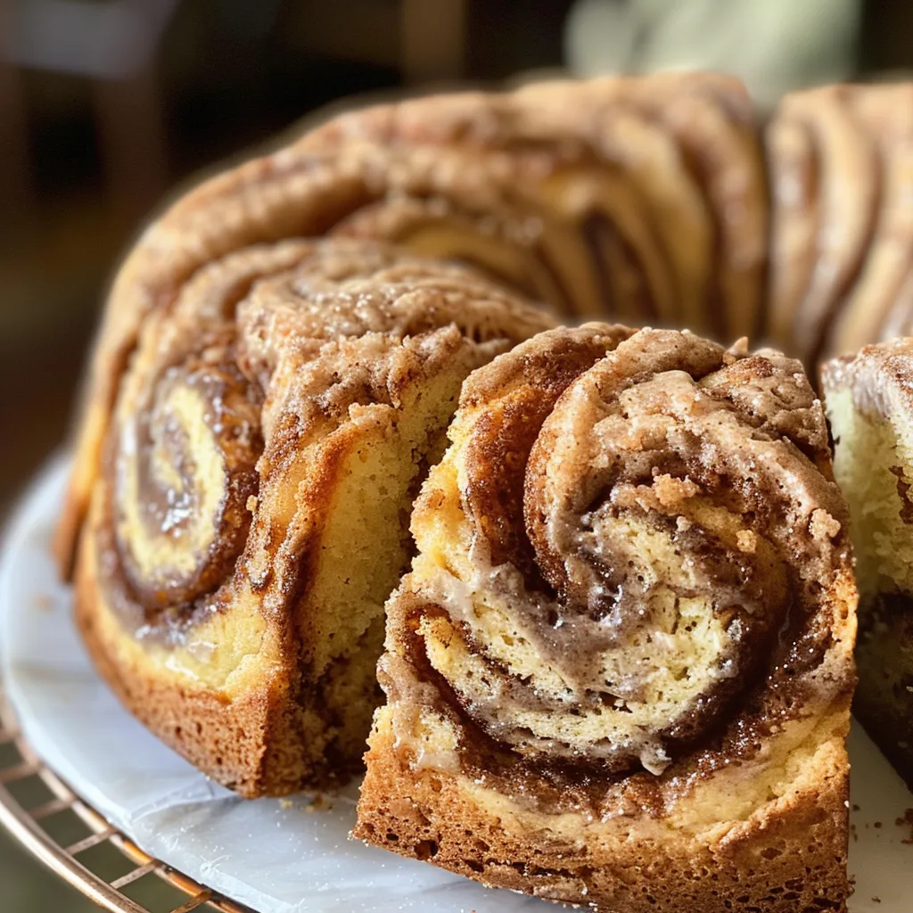 Side profile of a sliced Cinnamon Swirl Pound Cake, emphasizing the deliciously baked exterior and gooey interior.