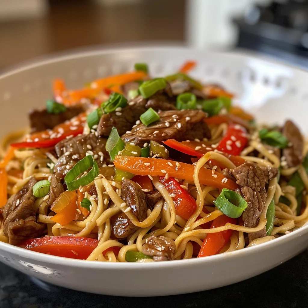A side view of steaming Classic Beef Lo Mein, showcasing tender beef and colorful veggies.