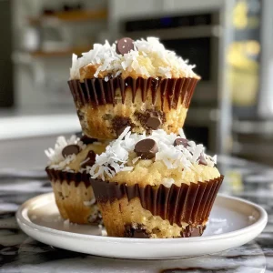 Juicy coconut chocolate chip muffin with a golden-brown exterior and melted chocolate chunks.