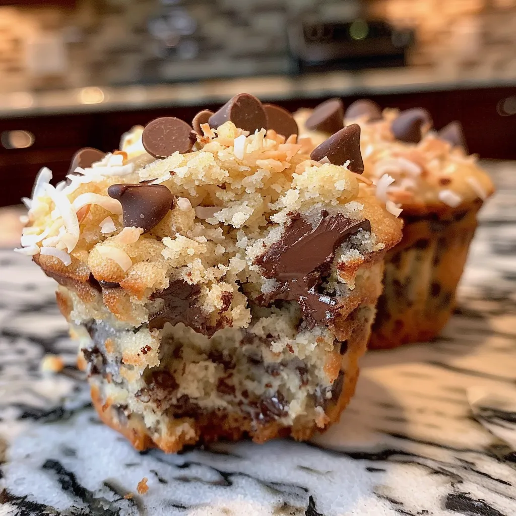 Detailed view of a moist coconut chocolate chip muffin highlighting its rich coconut and chocolate ingredients.
