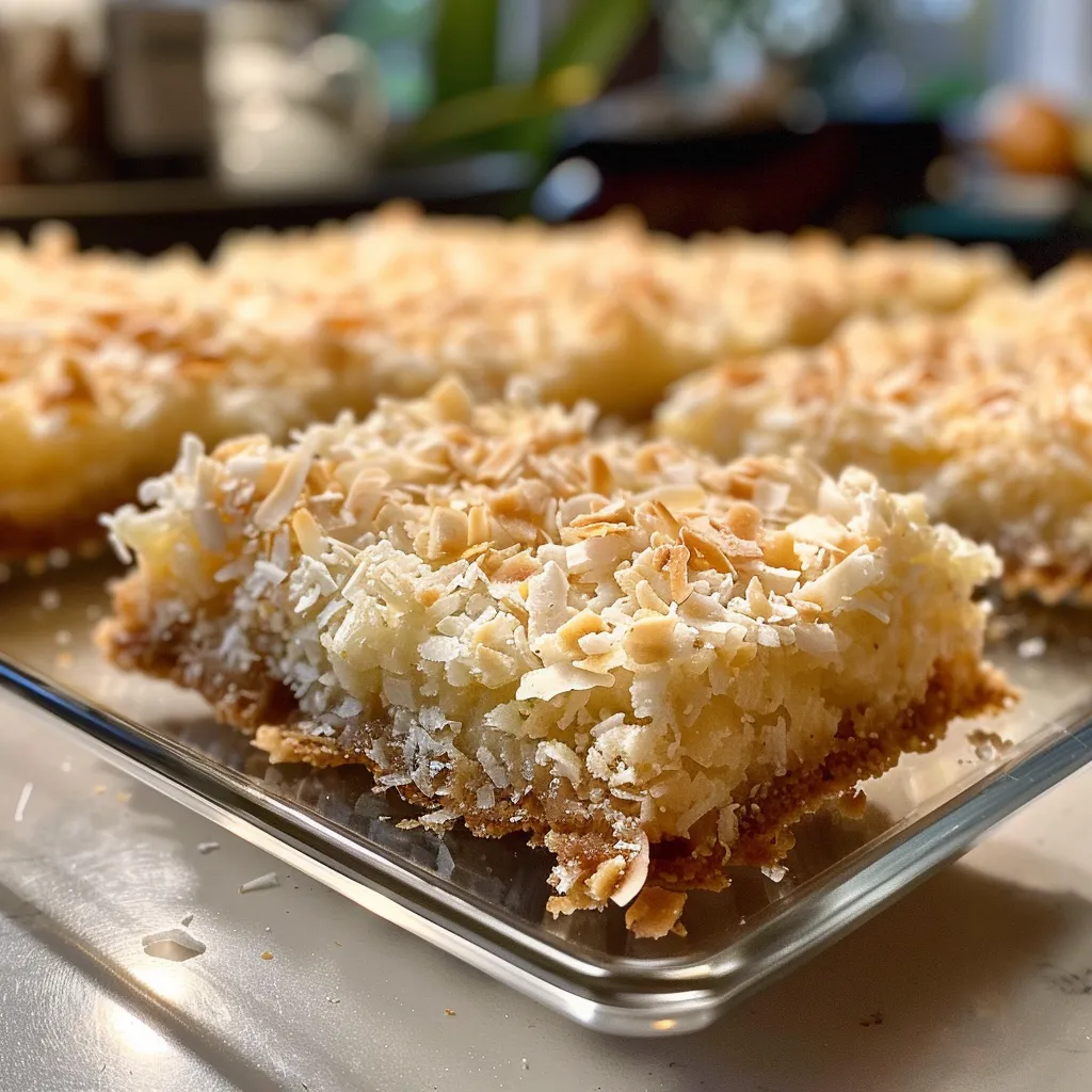 Juicy Coconut Crumble Bars on a plate, showcasing layers of coconut and a buttery crust.