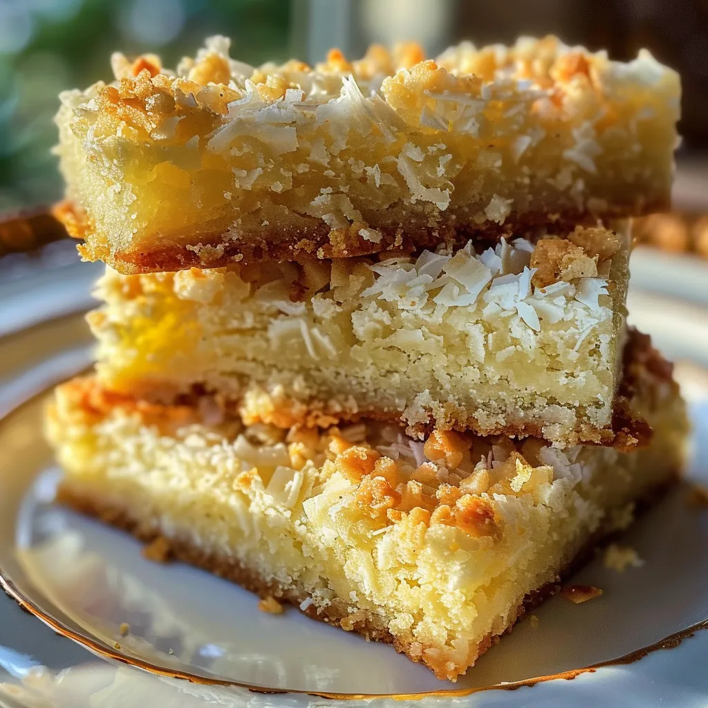 Delicious Coconut Crumble Bars highlighting the sweet coconut flakes and golden-brown edges.