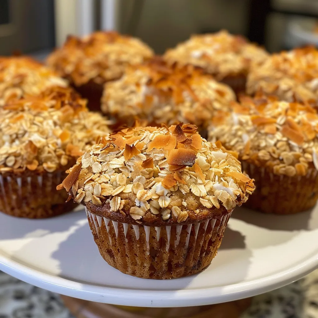 A detailed side view of a freshly baked coconut oat muffin, moist with visible bits of coconut.