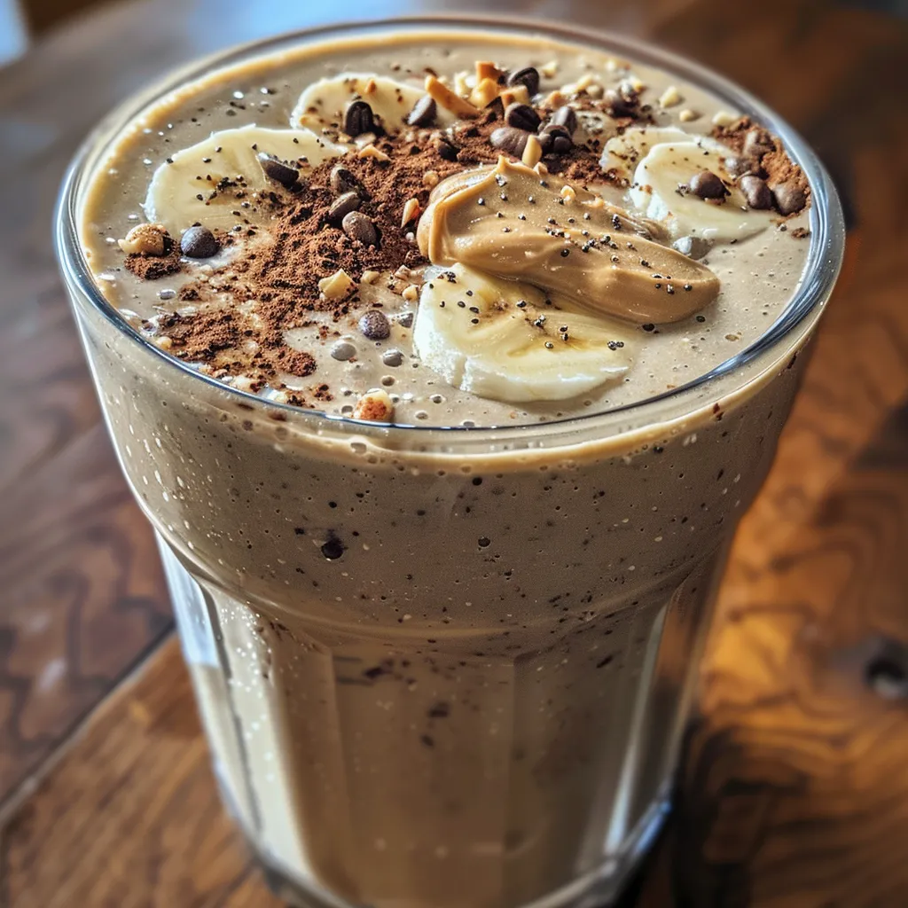 Close-up view of a creamy coffee banana protein smoothie in a glass.