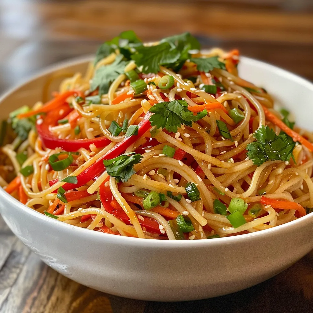 Close-up view of a colorful cold Asian noodle salad featuring spaghetti and vibrant vegetables.