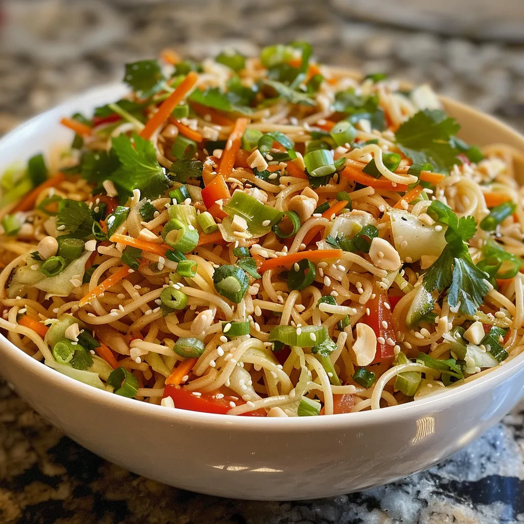 Side view of a cold Asian noodle salad, showcasing fresh ingredients like carrots, bell pepper, and green onions.