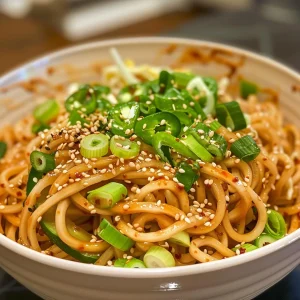 Close-up of Cold Peanut Sesame Noodles garnished with sesame seeds and spring onions.