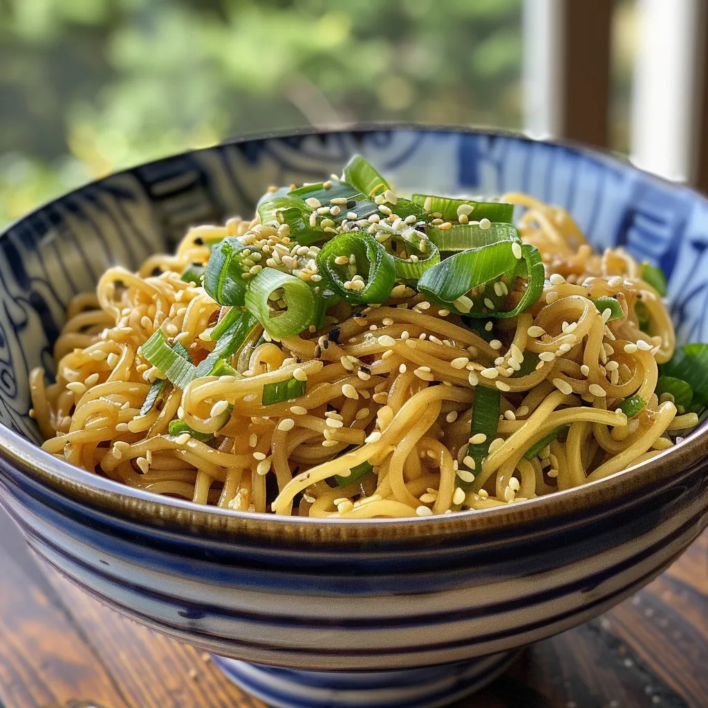 Side view of a bowl of Cold Peanut Sesame Noodles with cucumber strips and a rich sauce.