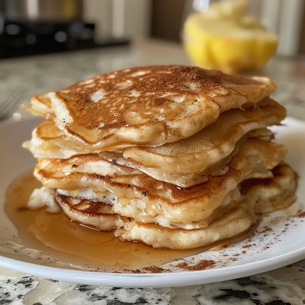 Juicy stack of apple cinnamon pancakes with a golden brown exterior.