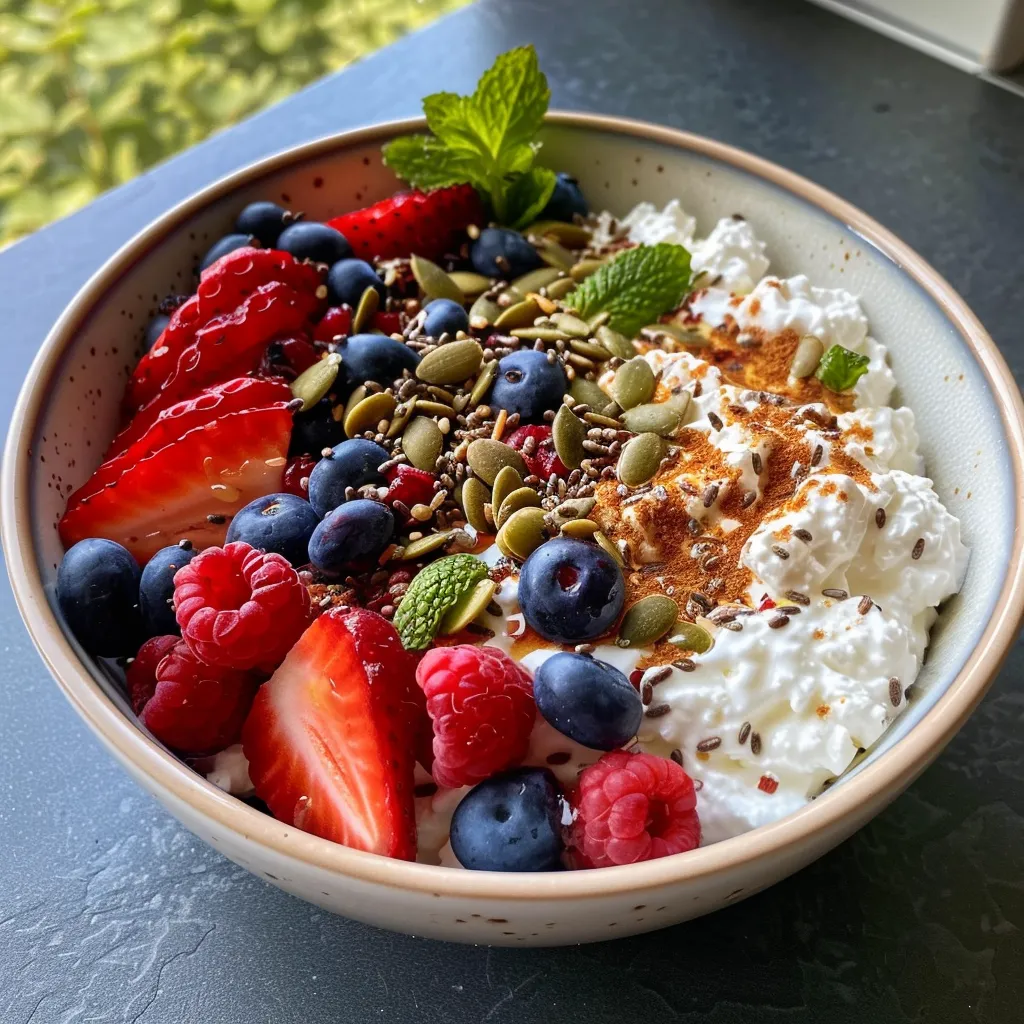A vibrant dish featuring cottage cheese, an assortment of berries, and crunchy seeds.