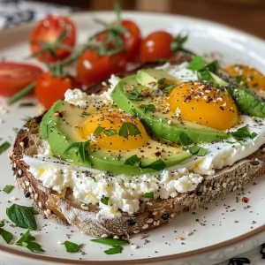 Close-up of a slice of toasted sourdough bread topped with cottage cheese and fresh cherry tomatoes.