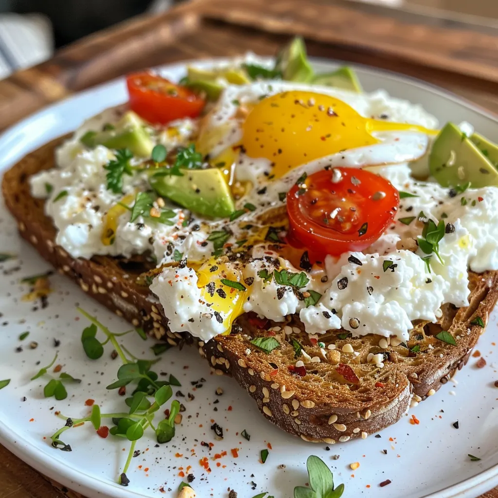 Side view of breakfast toast featuring cottage cheese, avocado slices, and microgreens on whole grain bread.