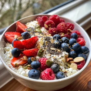 A detailed view of cottage cheese adorned with colorful fresh strawberries, blueberries, and raspberries.