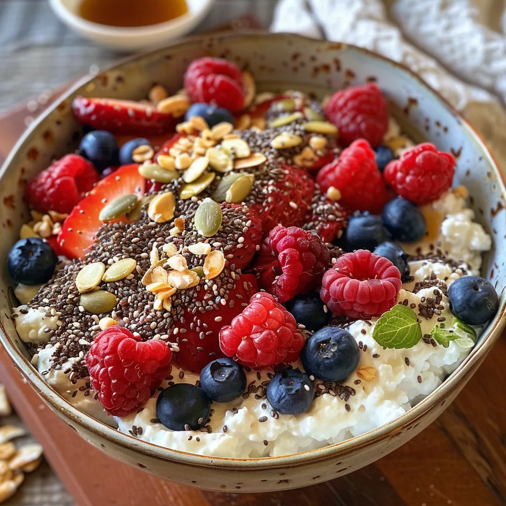 Cottage cheese served in a bowl, garnished with a variety of fresh mixed berries and seeds.