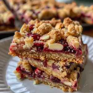 Appetizing cranberry white chocolate crumb bars on a plate, highlighting the white chocolate chips and almonds.