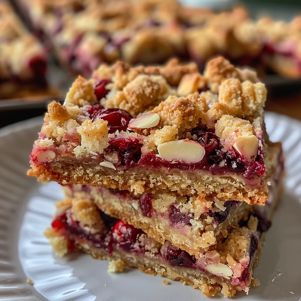 Appetizing cranberry white chocolate crumb bars on a plate, highlighting the white chocolate chips and almonds.