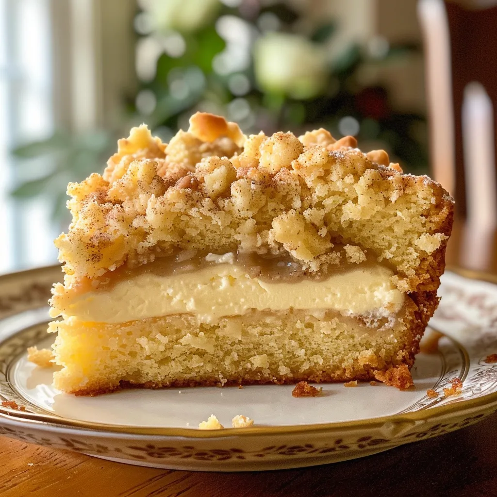 Detailed view of Cream Cheese Crumb Cake showing layers and textures of cream cheese and crumbs.