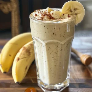 Close-up view of a creamy smoothie featuring banana and apple.