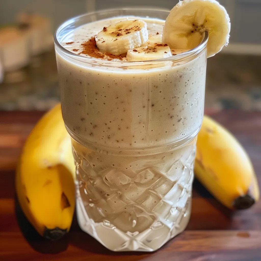 Side view of a delicious smoothie with apple and banana pieces.