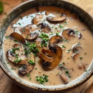 A rich and creamy mushroom soup in a bowl, featuring visible mushroom slices and a sprinkle of parsley.