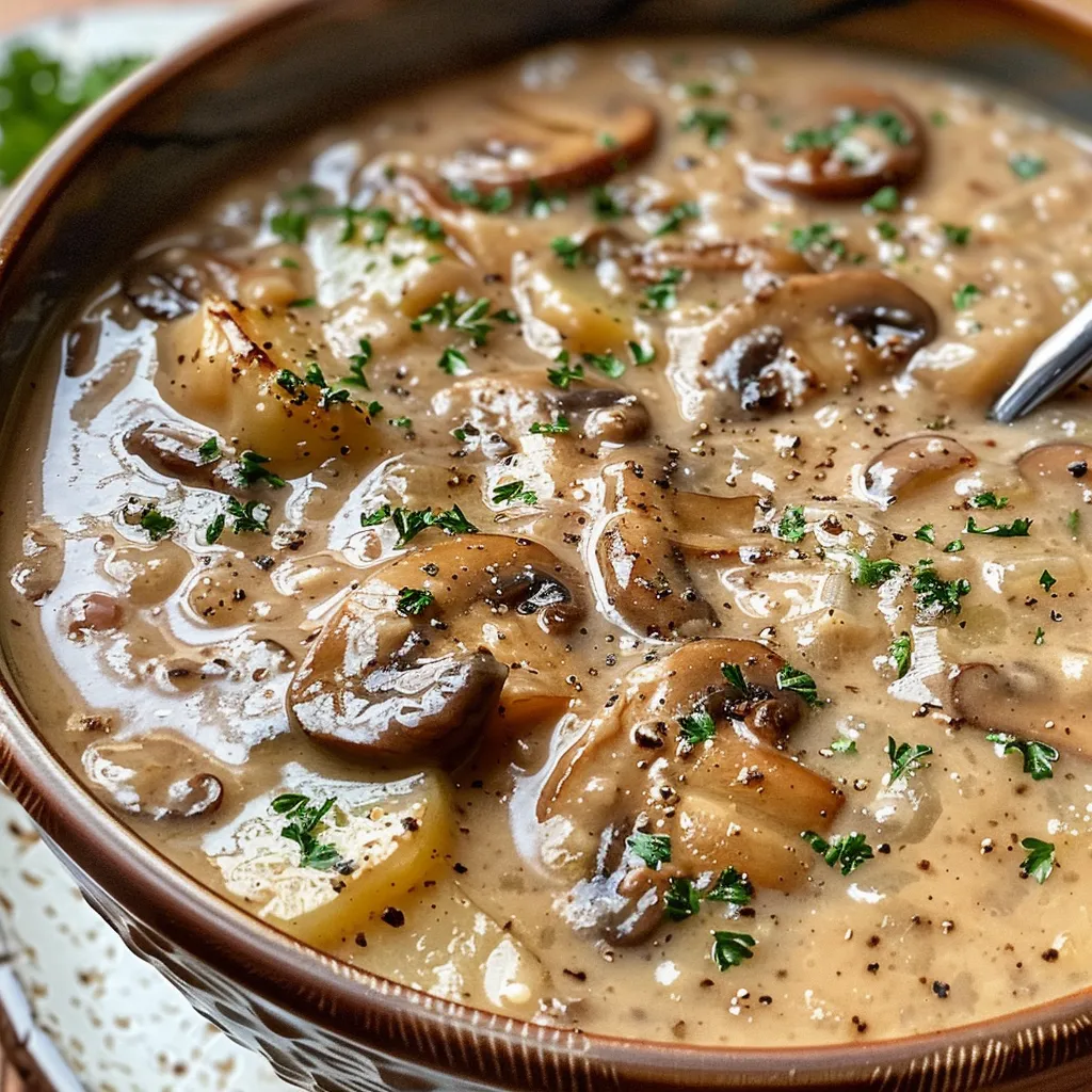 A detailed view of a warming bowl of creamy mushroom soup, highlighting its smooth texture and garnishes.