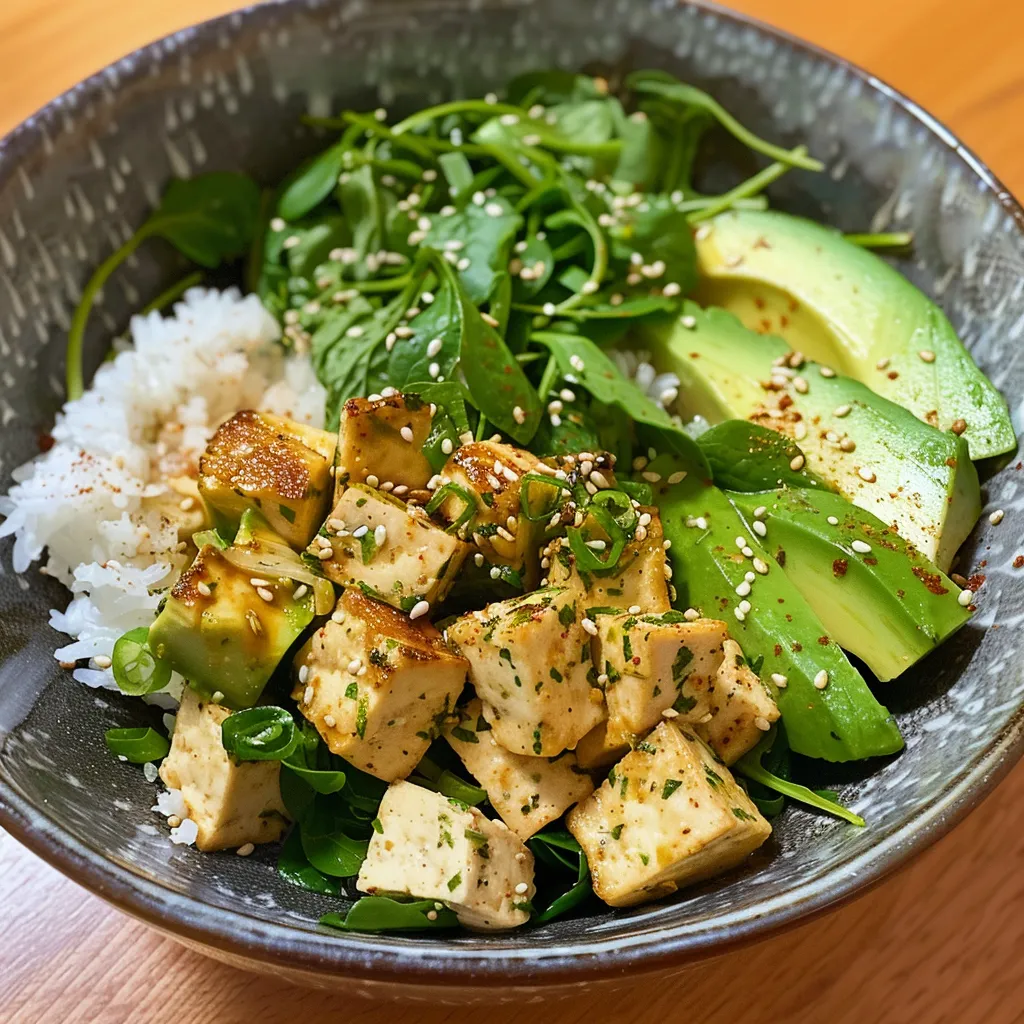 Close-up view of a creamy avocado tofu rice bowl with fresh ingredients.