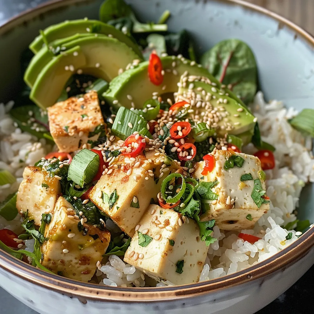 Side view of a rice bowl featuring avocado, tofu, and vibrant greens.