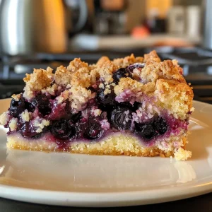 Side perspective of a blueberry crumb cake featuring a rich cream cheese layer and a crumbly topping.