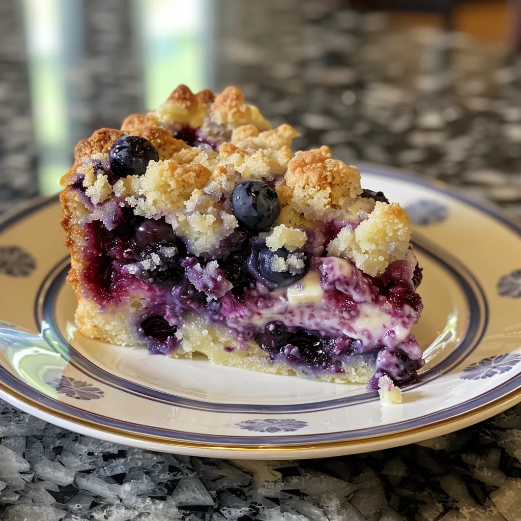 Juicy blueberry crumb cake highlighted in a close-up view, showcasing its creamy filling and golden streusel.