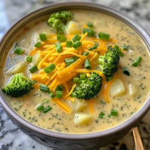 Juicy green broccoli and diced potatoes in a creamy soup, garnished with chopped green onions.