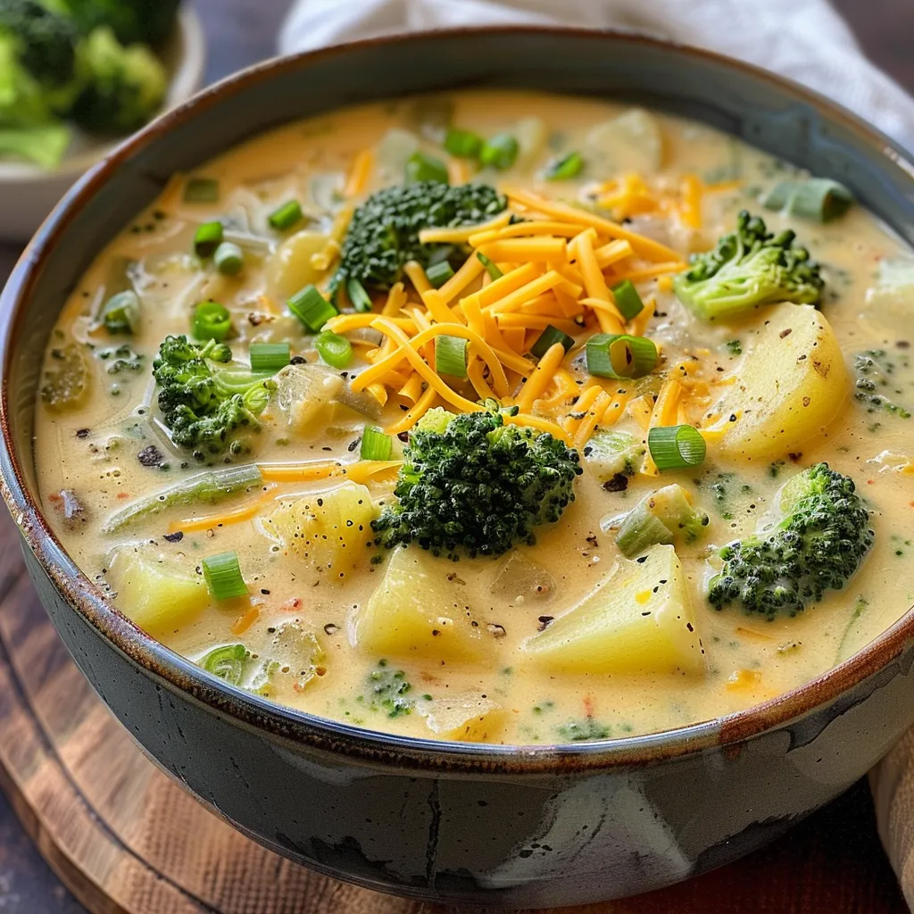 Delicious broccoli potato soup displayed in a bowl, highlighting the vibrant green color of the broccoli.