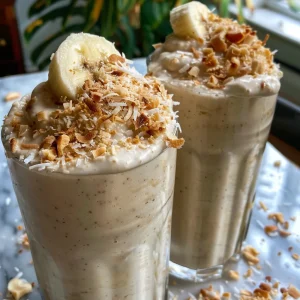 Close-up of a creamy coconut smoothie in a glass with a straw.