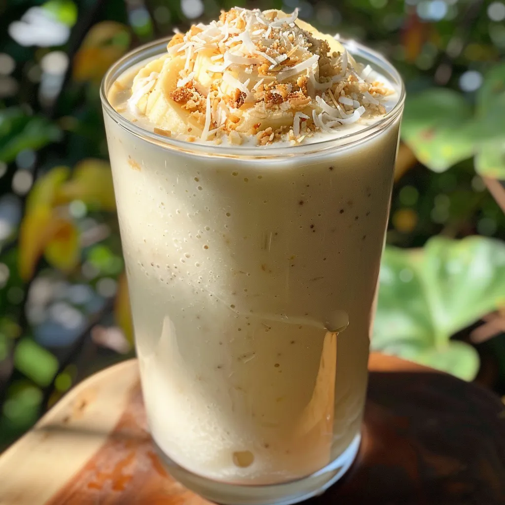 Side view of a delicious coconut smoothie topped with shredded coconut.