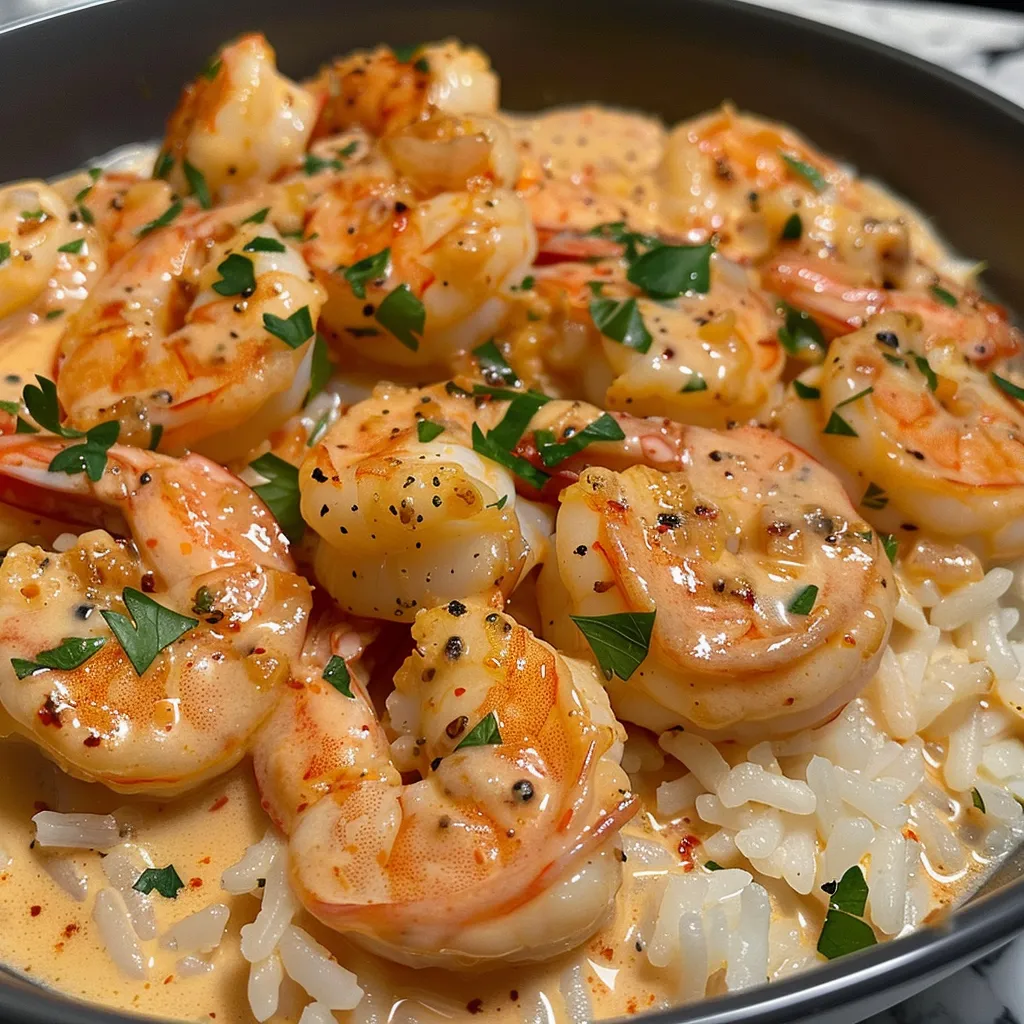 Close-up view of creamy garlic butter shrimp served over rice with a sprinkle of parsley.