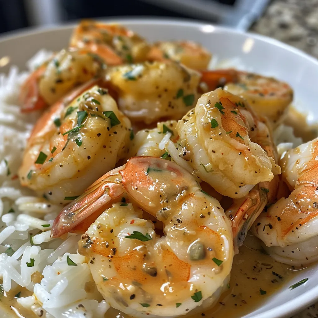 Juicy shrimp in a garlic butter sauce on a bed of white rice, garnished with fresh herbs.