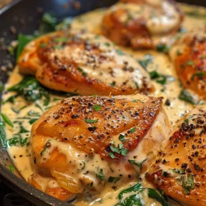 Close-up view of creamy garlic chicken with spinach, showcasing juicy pieces of chicken coated in a white sauce.