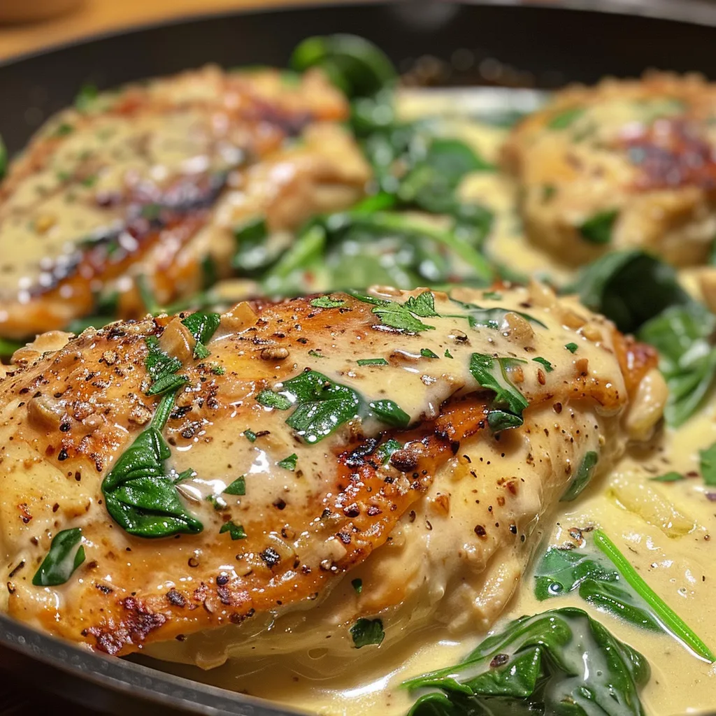 Side view of a plate featuring creamy garlic chicken garnished with fresh spinach, highlighting the dish's rich texture.