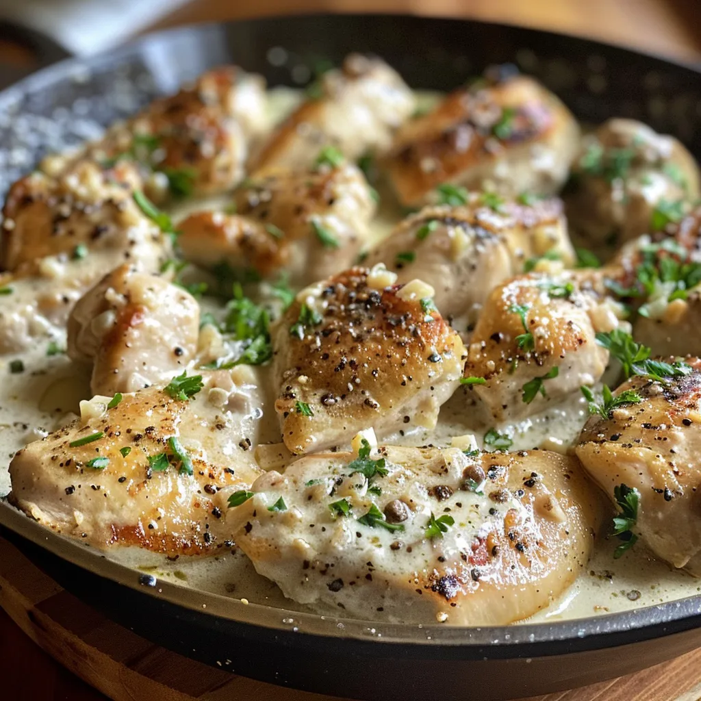 Close-up view of creamy garlic chicken, showcasing tender chicken breasts coated in a rich sauce.