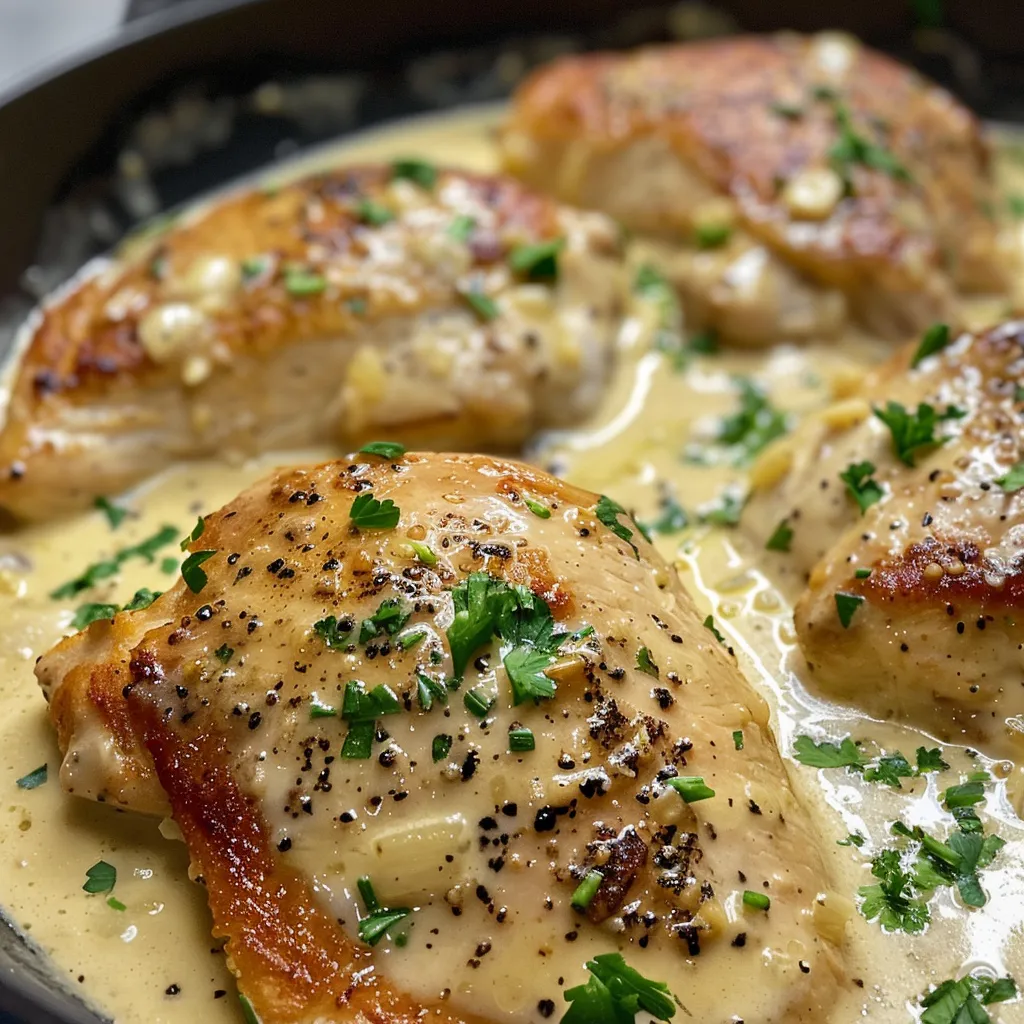 Side view of a plated dish featuring juicy chicken in creamy garlic sauce, garnished with parsley.
