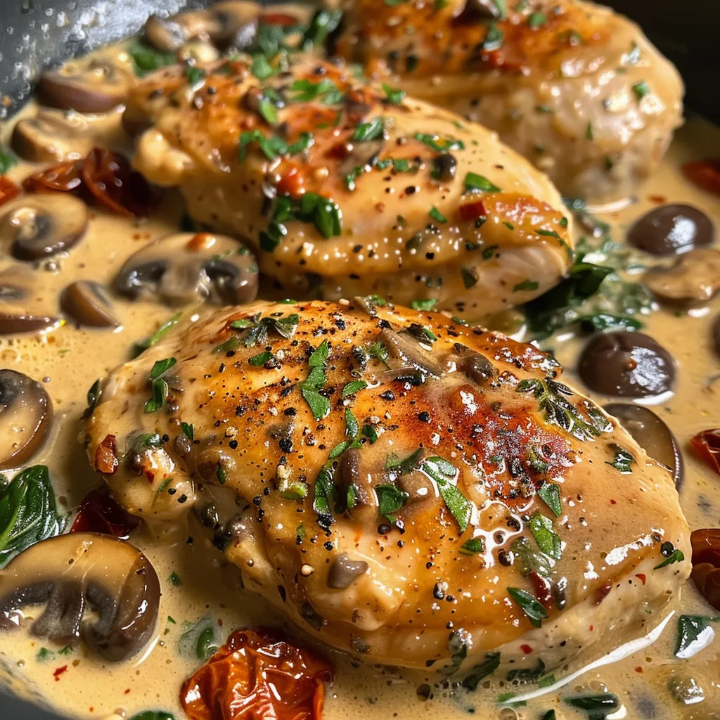 Juicy creamy mushroom chicken plated with sun-dried tomatoes and spinach.